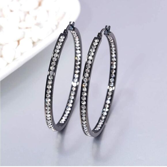 14K Black Gold with White Diamond Cubic Zirconia Big Hoop Latch Back Earrings - Picture 2 of 6
